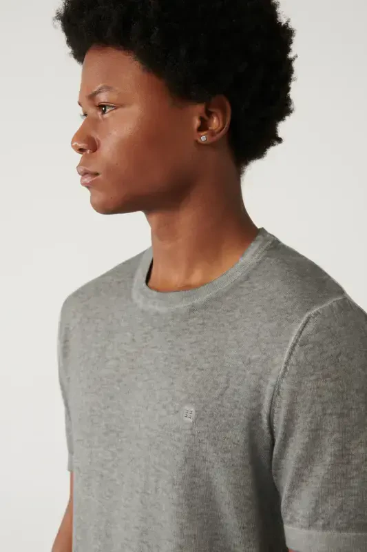 Men's Anthracite Bicycle Neck Garment Dyed Paint Effect Regular Fit Knit T-shirt A41y5074 - 2