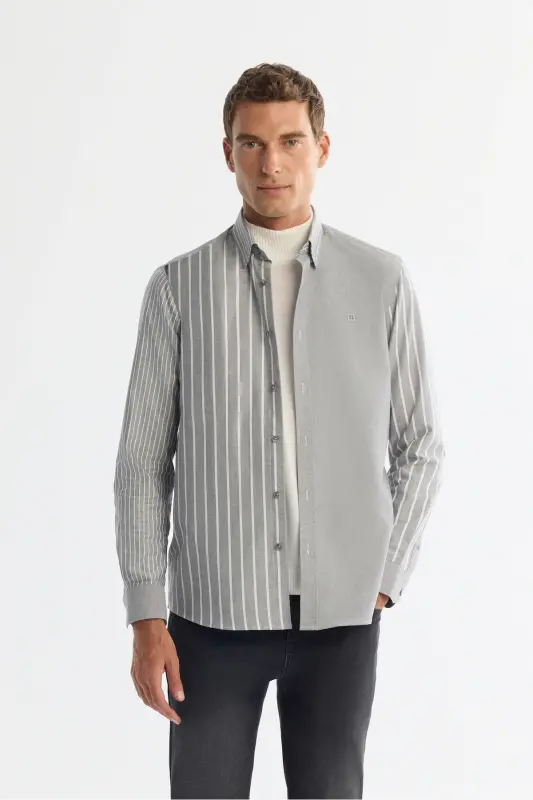 Men's Anthracite Button-Down Collar 100% Cotton Striped Shirt - AVVA
