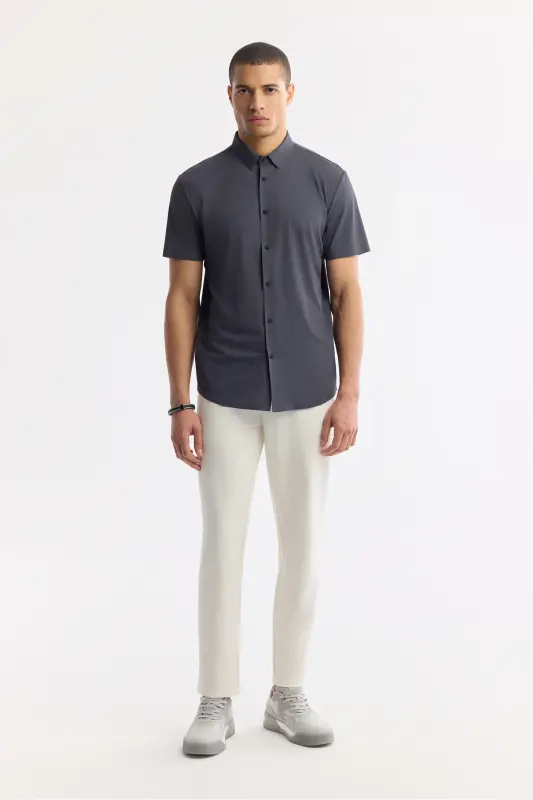 Men's Anthracite Classic Collar Technical Fabric Knitted Short - 5