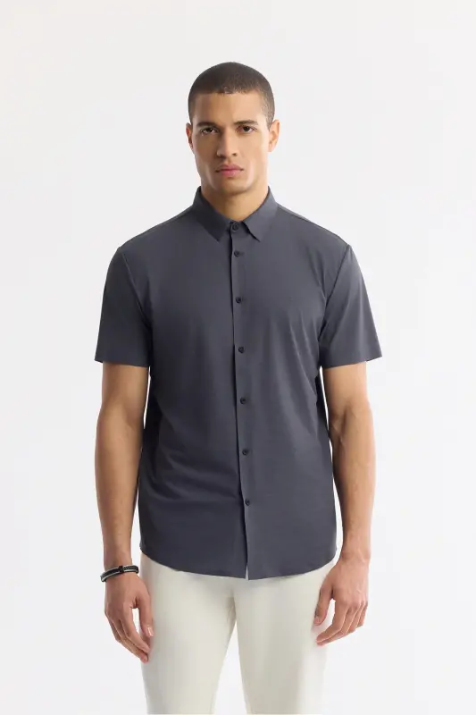 Men's Anthracite Classic Collar Technical Fabric Knitted Short - AVVA