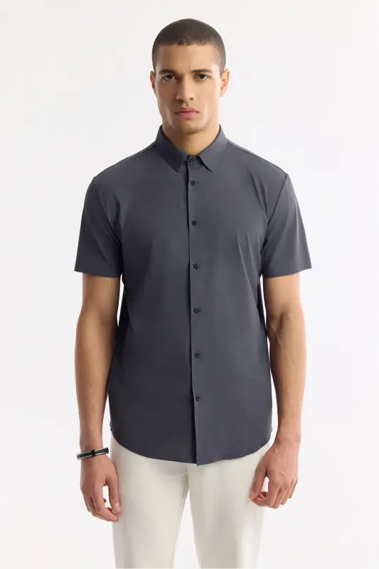 Men's Anthracite Classic Collar Technical Fabric Knitted Short - 2
