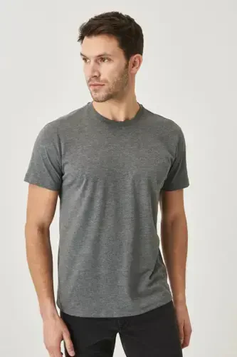 Men's Anthracite Cotton Slim Fit Crew Neck Basic T-Shirt-Anthracite - 3