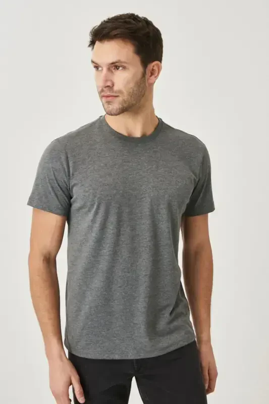 Men's Anthracite Cotton Slim Fit Crew Neck Basic T-Shirt-Anthracite - 3