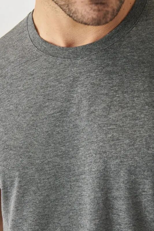 Men's Anthracite Cotton Slim Fit Crew Neck Basic T-Shirt-Anthracite - 4