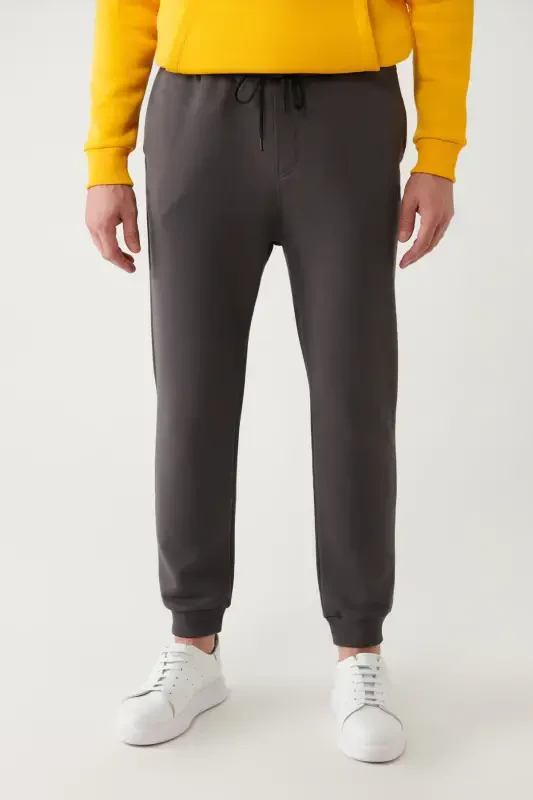 Men's Anthracite Drawstring Waistband Elastic Hem 3 Thread Fleece Sweatpants E003402-Anthracite - 2