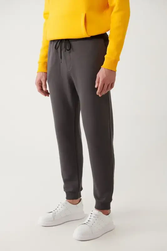 Men's Anthracite Drawstring Waistband Elastic Hem 3 Thread Fleece Sweatpants E003402-Anthracite - 3