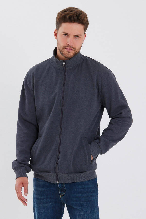 Men's Anthracite Hoodie with Cotton Lining, Zip Closure, Stand-up Collar and Side Pockets - 1