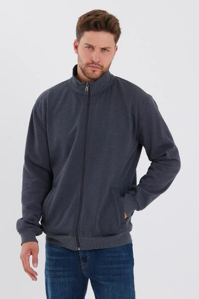 Men's Anthracite Hoodie with Cotton Lining, Zip Closure, Stand-up Collar and Side Pockets - COMEOR
