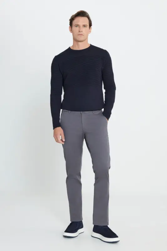 Men's Anthracite Knee-Bagging Slim Fit Narrow Cut Cotton Flexible Casual Trousers - Anthracite - 2