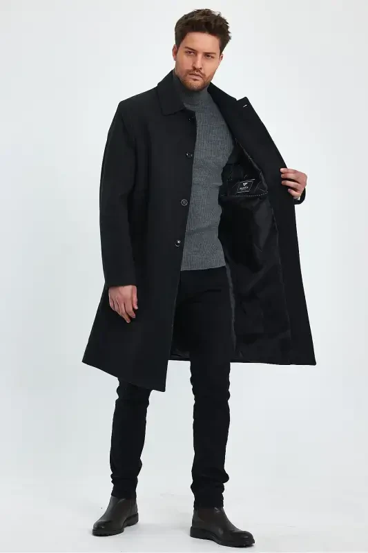 Men's Anthracite Long Regular Fit Wool Coat-ANTHRACITE - 1