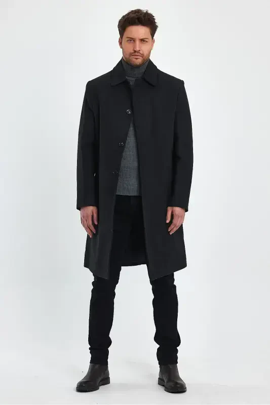 Men's Anthracite Long Regular Fit Wool Coat-ANTHRACITE - 2