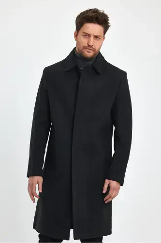 Men's Anthracite Long Regular Fit Wool Coat-ANTHRACITE - 4