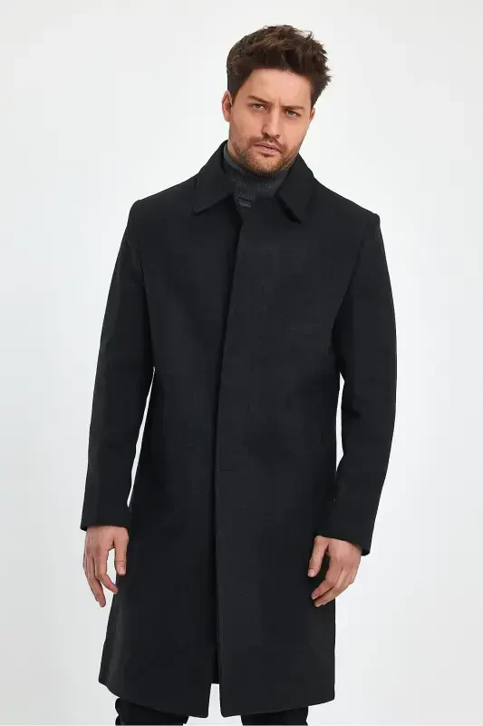 Men's Anthracite Long Regular Fit Wool Coat-ANTHRACITE - 4
