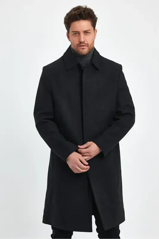 Men's Anthracite Long Regular Fit Wool Coat-ANTHRACITE - 5