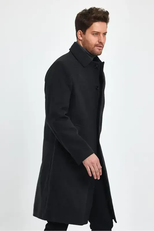 Men's Anthracite Long Regular Fit Wool Coat-ANTHRACITE - 6