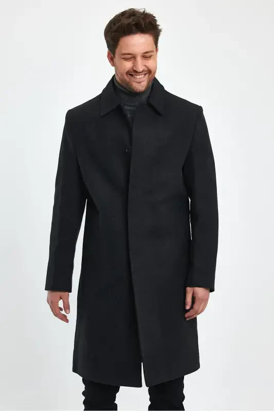 Men's Anthracite Long Regular Fit Wool Coat-ANTHRACITE - 7