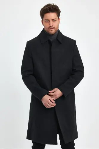 Men's Anthracite Long Regular Fit Wool Coat-ANTHRACITE - 6