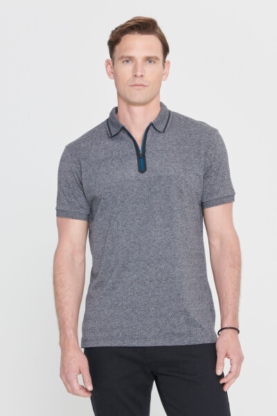 Men's Anthracite-Melange Slim Fit Narrow Cut Zippered Polo Neck Cotton Short Sleeve T-Shirt - 1