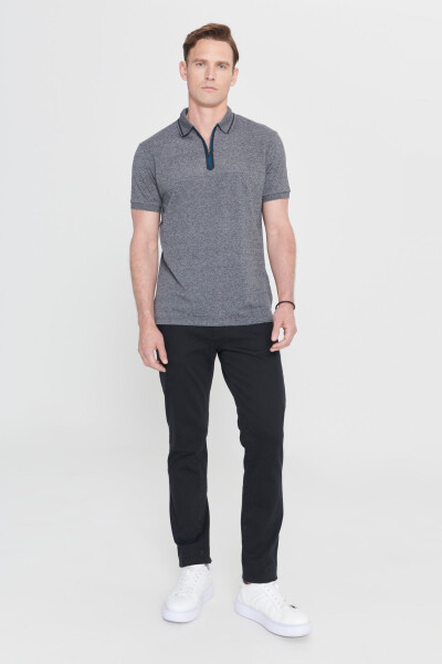Men's Anthracite-Melange Slim Fit Narrow Cut Zippered Polo Neck Cotton Short Sleeve T-Shirt - 2