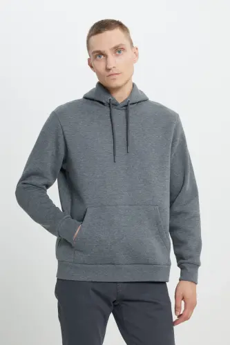 Men's Anthracite-Melange Standard Fit Fleece Lined 3 Thread Hooded Cotton Sweatshirt-Anthracite - 3