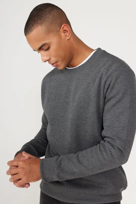 Men's Anthracite-melange Standard Fit Regular Fit Fleece Lined 3 Thread Crew Neck Sweatshirt-Anthracite - 3