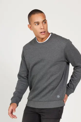 Men's Anthracite-melange Standard Fit Regular Fit Fleece Lined 3 Thread Crew Neck Sweatshirt-Anthracite - 4