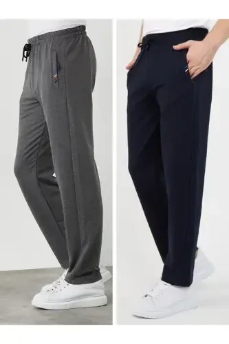 Men's Anthracite-Navy 2-Piece Tracksuit Bottoms Zipper Pocket Embroidered Detail Straight Leg Relaxed Fit-Navy - 1