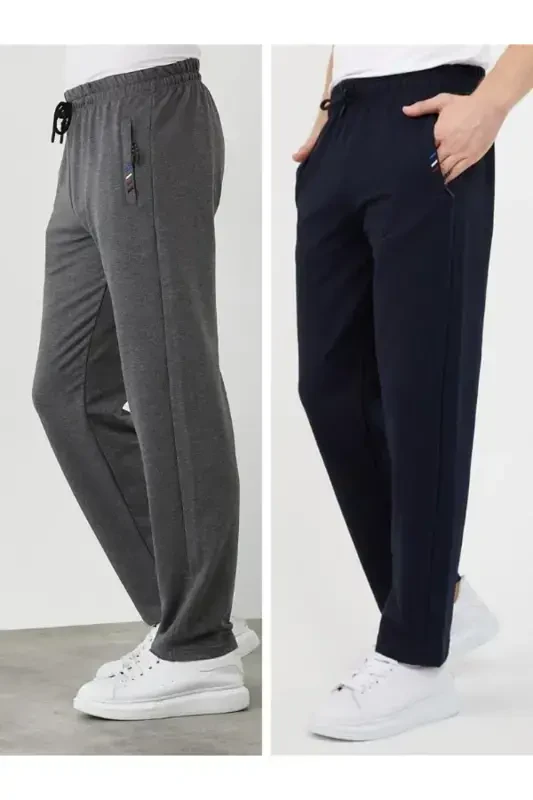 Men's Anthracite-Navy 2-Piece Tracksuit Bottoms Zipper Pocket Embroidered Detail Straight Leg Relaxed Fit-Navy - 1