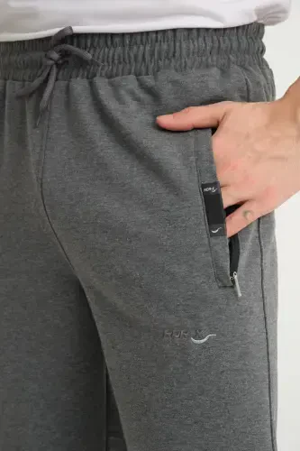 Men's Anthracite Relaxed Fit Straight Leg Embroidered Detail Jersey Fabric Sweatpants-Anthracite - 4