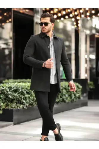 Men's Anthracite Slim Fit Cashmere Shirt Collar Overcoat - Anthracite - 1