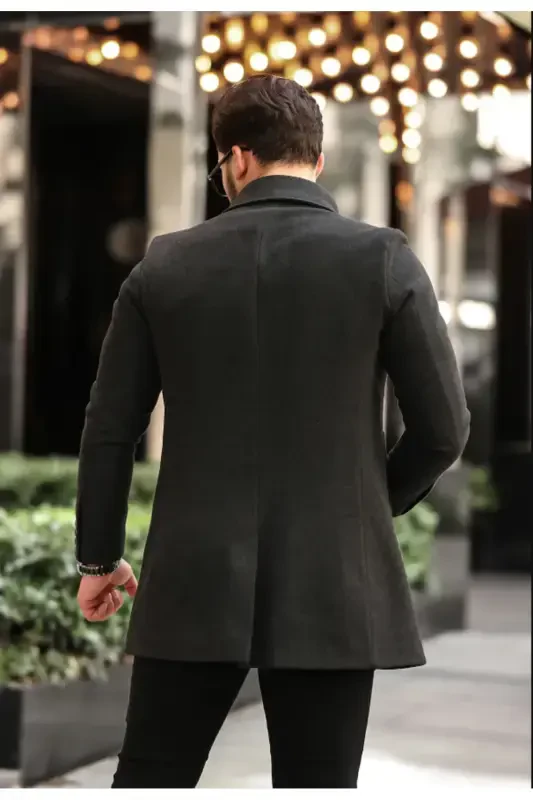 Men's Anthracite Slim Fit Cashmere Shirt Collar Overcoat - Anthracite - 2