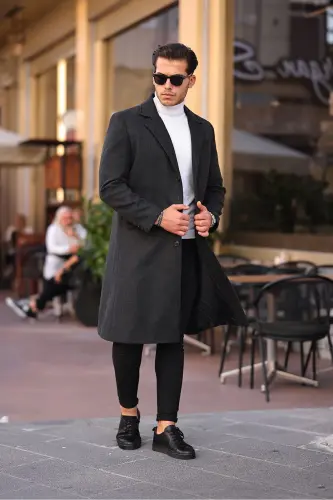 Men's Anthracite Slim Fit Long Wool Blend Overcoat - ANTHRACITE - MERO LIFE (1)