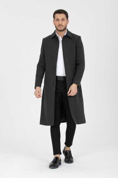 Men's Anthracite Slim Fit Long Wool Blend Shirt Collar Coat - 9