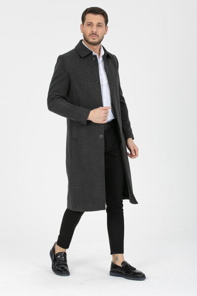 Men's Anthracite Slim Fit Long Wool Blend Shirt Collar Coat - 11