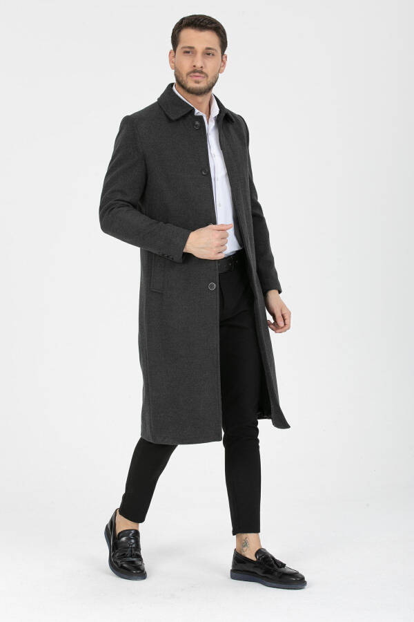 Men's Anthracite Slim Fit Long Wool Blend Shirt Collar Coat - 3