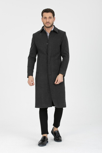 Men's Anthracite Slim Fit Long Wool Blend Shirt Collar Coat - 4