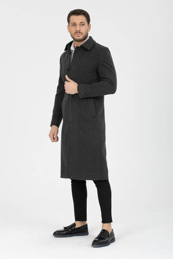 Men's Anthracite Slim Fit Long Wool Blend Shirt Collar Coat - 5