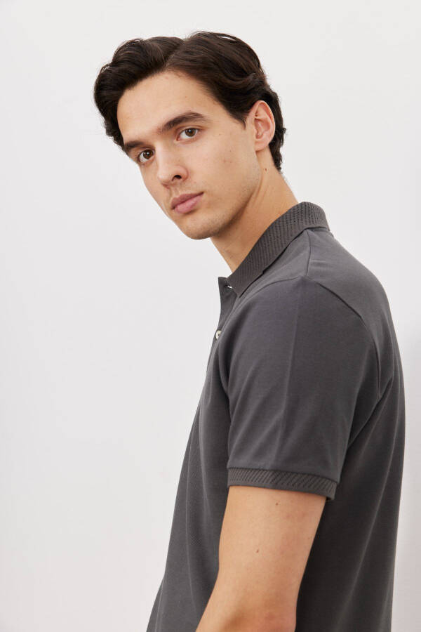 Men's Anthracite Slim Fit Narrow Cut 100% Cotton Polo Collar Short Sleeve T-Shirt - 5