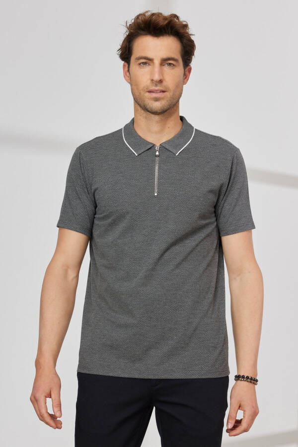 Men's Anthracite Slim Fit Narrow Cut Polo Collar Jacquard T-shirt - 1