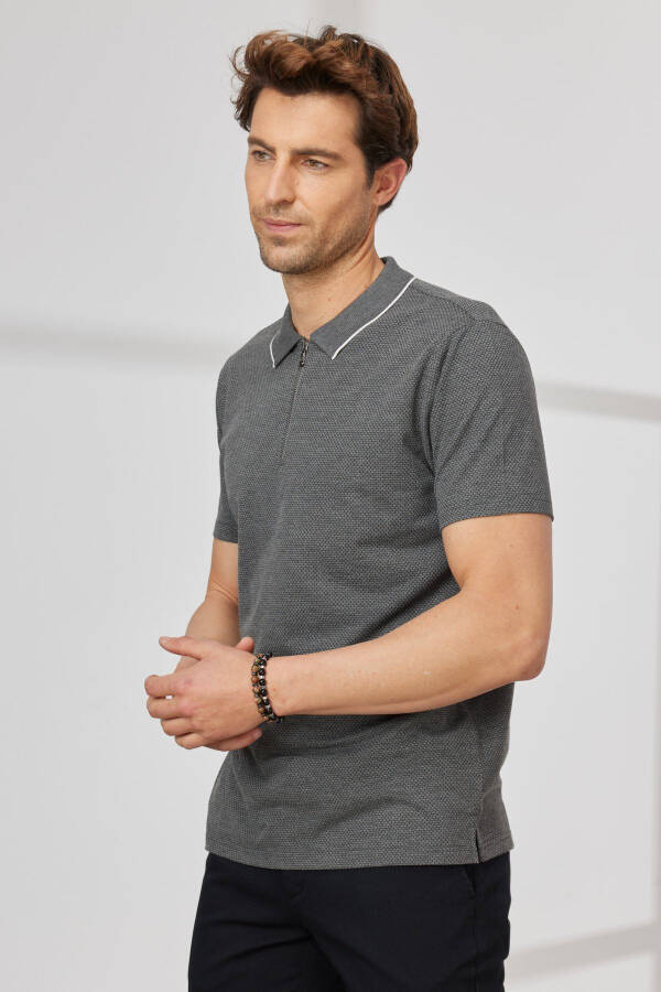 Men's Anthracite Slim Fit Narrow Cut Polo Collar Jacquard T-shirt - 5