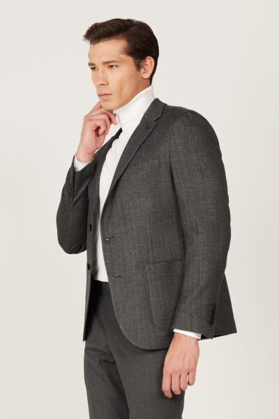 Men's Anthracite Slim Fit Narrow Cut Single Collar Patterned - 3