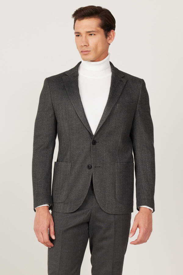 Men's Anthracite Slim Fit Narrow Cut Single Collar Patterned - 4