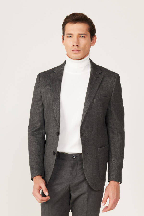 Men's Anthracite Slim Fit Narrow Cut Single Collar Patterned - 1