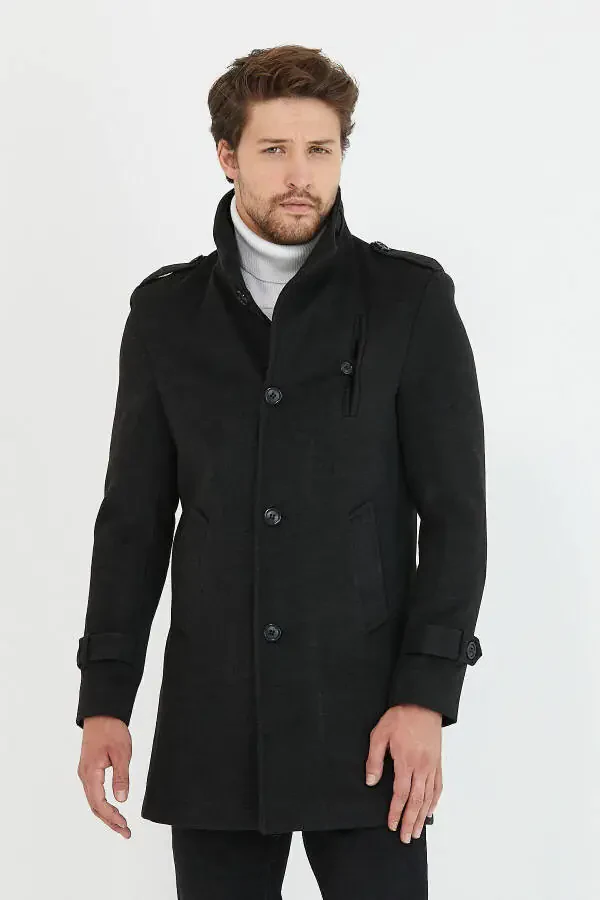 Men's Anthracite Slim Fit Notch Lapel Long Wool Blend Cashmere Coat - 12