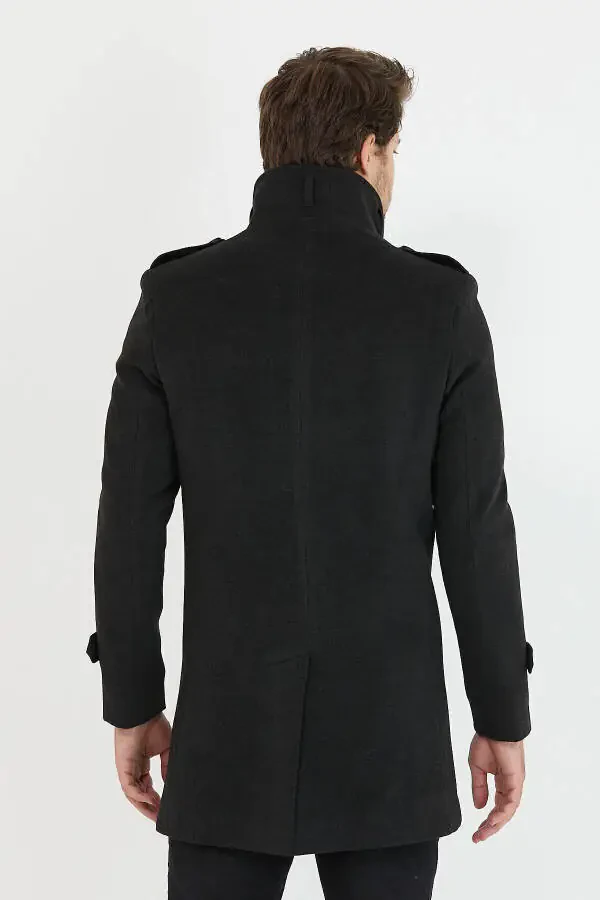 Men's Anthracite Slim Fit Notch Lapel Long Wool Blend Cashmere Coat - 15
