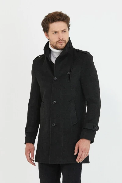 Men's Anthracite Slim Fit Notch Lapel Long Wool Blend Cashmere Coat - MERO LIFE