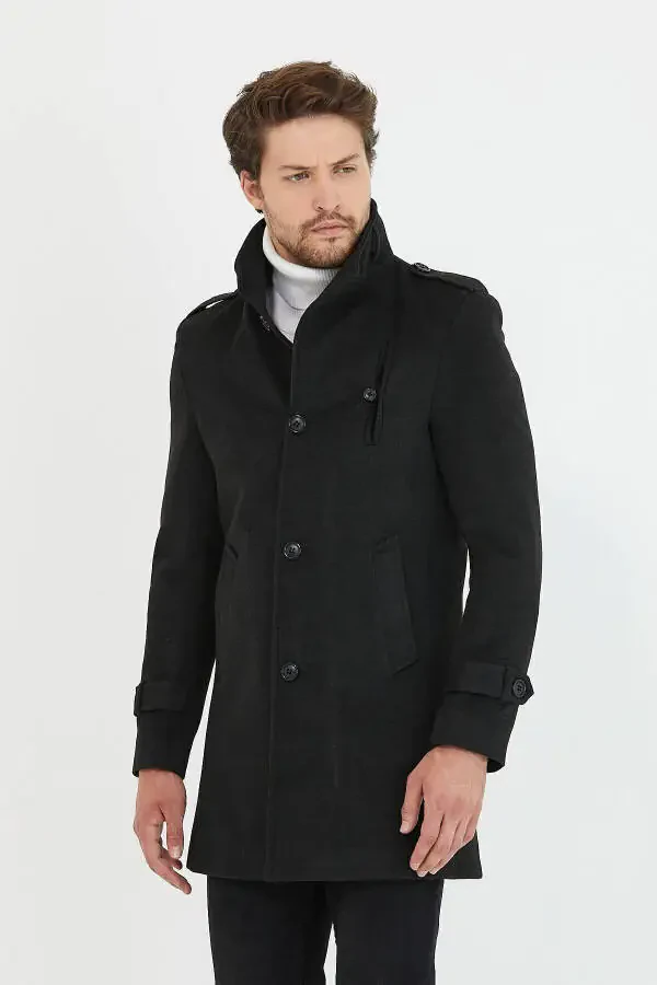 Men's Anthracite Slim Fit Notch Lapel Long Wool Blend Cashmere Coat - 1
