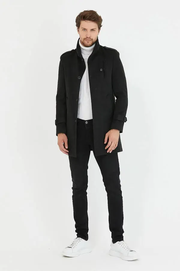 Men's Anthracite Slim Fit Notch Lapel Long Wool Blend Cashmere Coat - 2