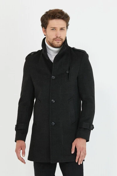 Men's Anthracite Slim Fit Notch Lapel Long Wool Blend Cashmere Coat - 4