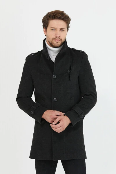 Men's Anthracite Slim Fit Notch Lapel Long Wool Blend Cashmere Coat - 5